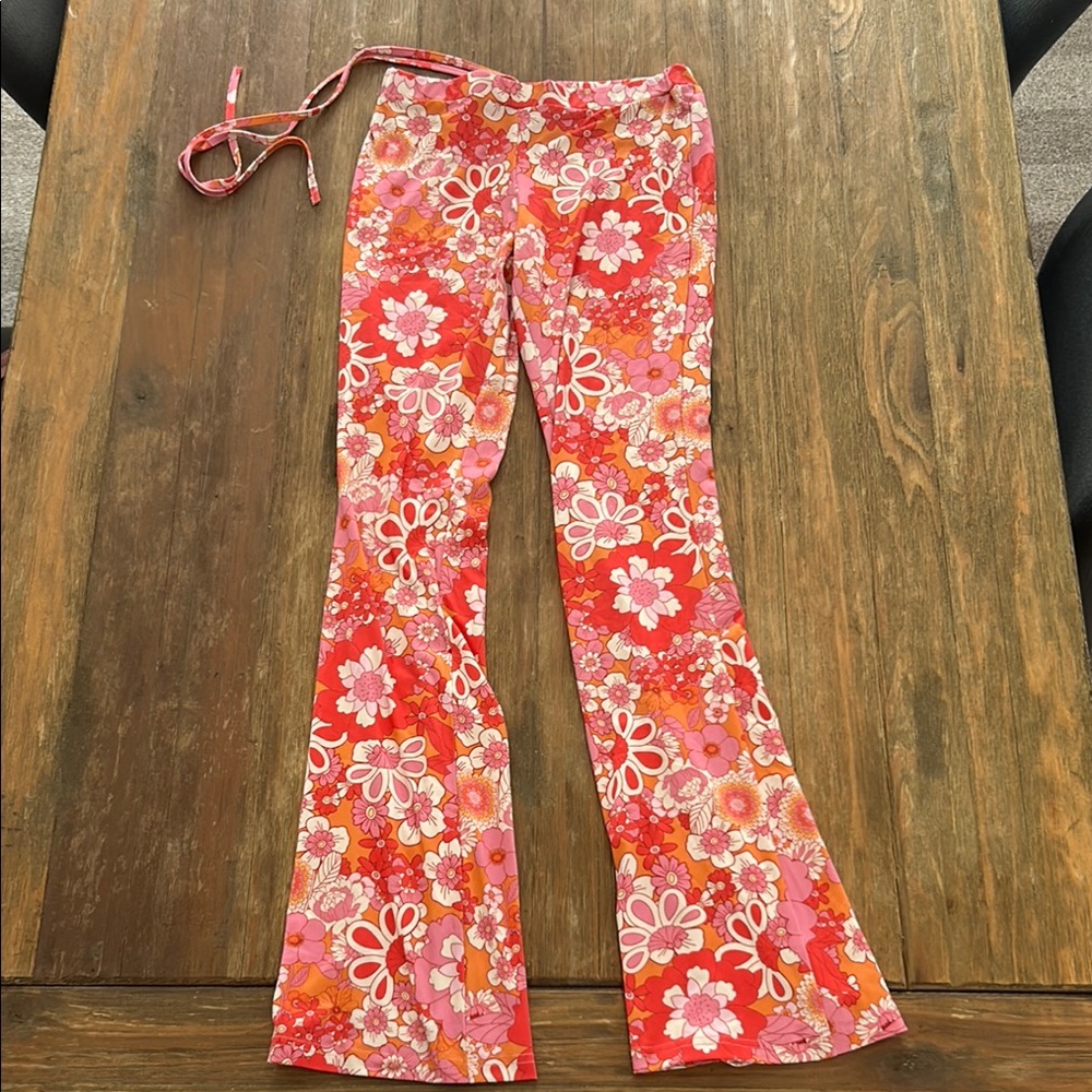 Pink Orange Floral Patterned Flare Pants - Picture 1 of 7